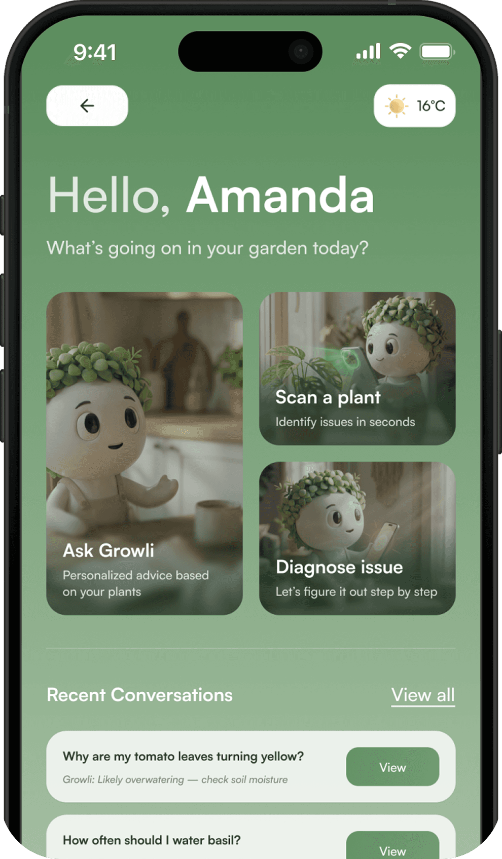 Growli conversational AI chat screen